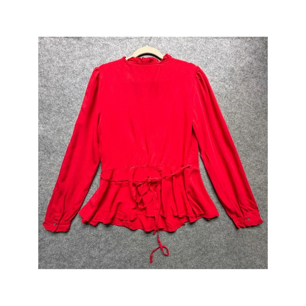 Loft Red Ruffle Wrap Blouse Peplum Top Long Sleeve Rayon Womens Medium Romantic
